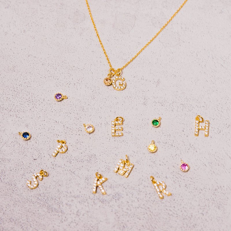 Birthstone With Zircon Letter Necklace - สร้อยคอทรง Collar - เครื่องประดับพลอย สีทอง