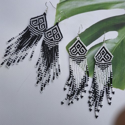 White Bird gallery of exquisite jewelry from Halyna Nalyvaiko Black and white long beaded fringe earrings Spectacular beaded boho earrings