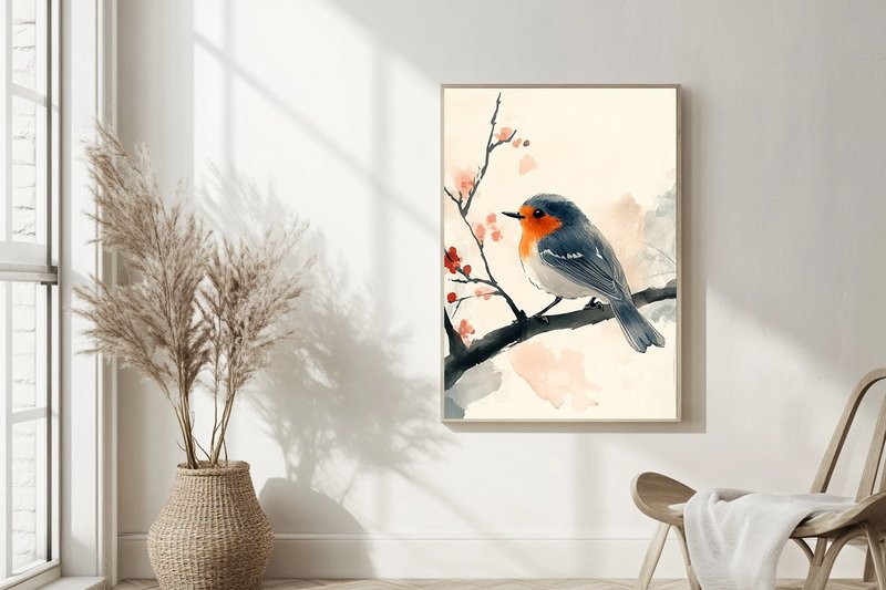 Spring Birds Morning Whisper 2 Oriental watercolor fresh flower and bird artistic conception bedroom living room decoration Japanese Zen art version hanging painting - Posters - Cotton & Hemp 