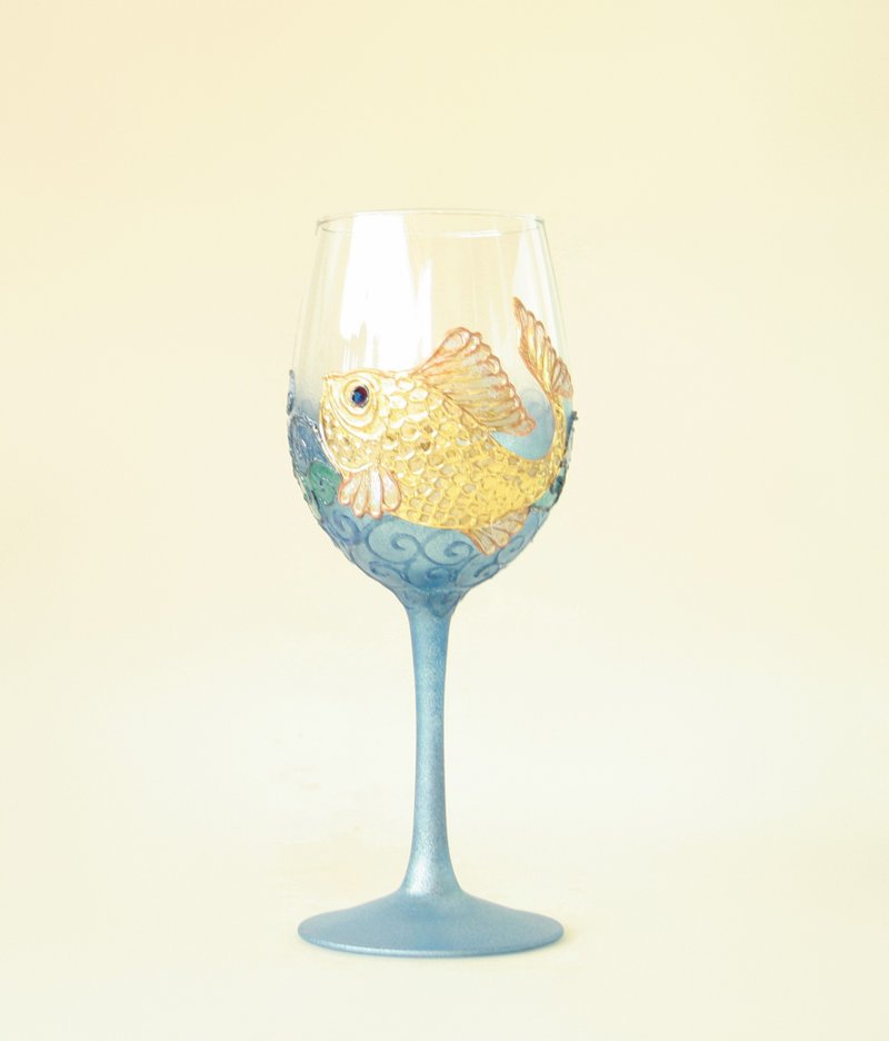 Gold Fish Wine Glass Hand-painted - Bar Glasses & Drinkware - Glass Gold