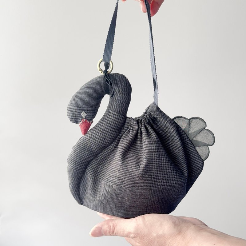 スワン【 ポーチ S 】黒鳥巾着　グレンチェック　30日程で発送 - 手提包/手提袋 - 棉．麻 灰色