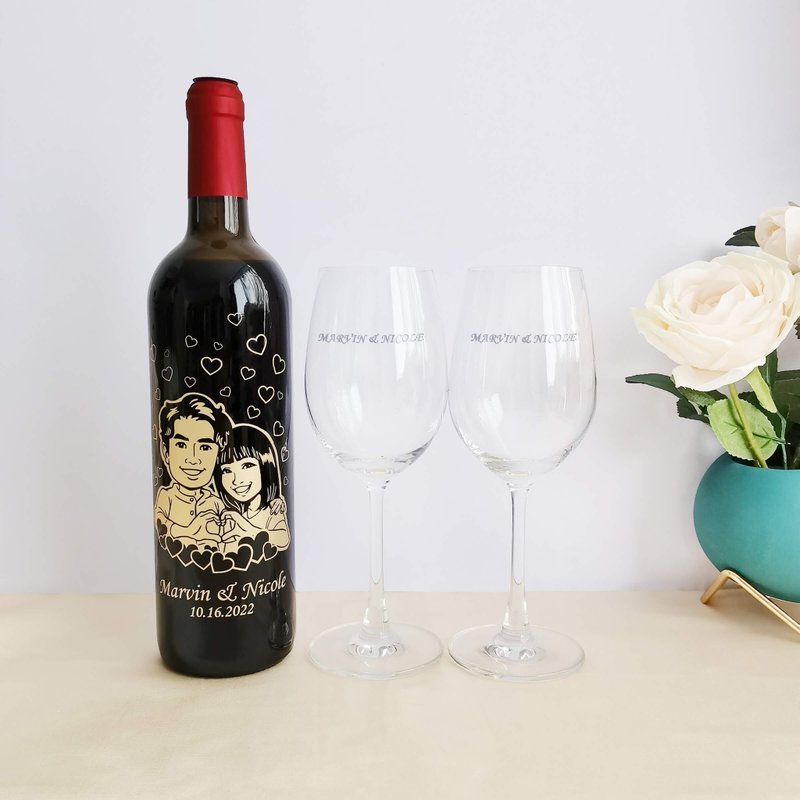 Customized | Anniversary gift—Customized couple cartoon portrait red wine | Engraving - แอลกอฮอล์ - แก้ว 