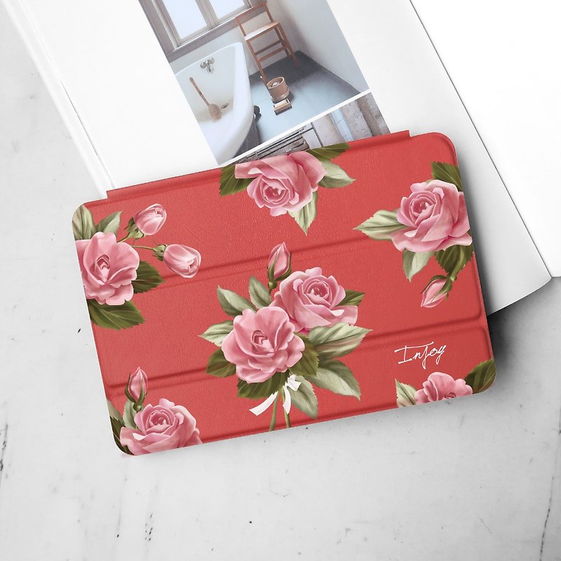 Pink Rose ipad case for iPad mini1,2,3,4/Pro10.5/12.9/Air5/iPad 8 - เคสแท็บเล็ต - วัสดุอื่นๆ สีแดง