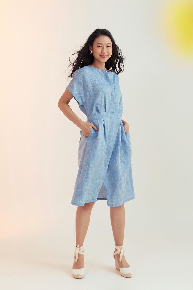 亞麻開叉裙襬設計洋裝(單寧藍) - 洋裝/連身裙 - 棉．麻 藍色