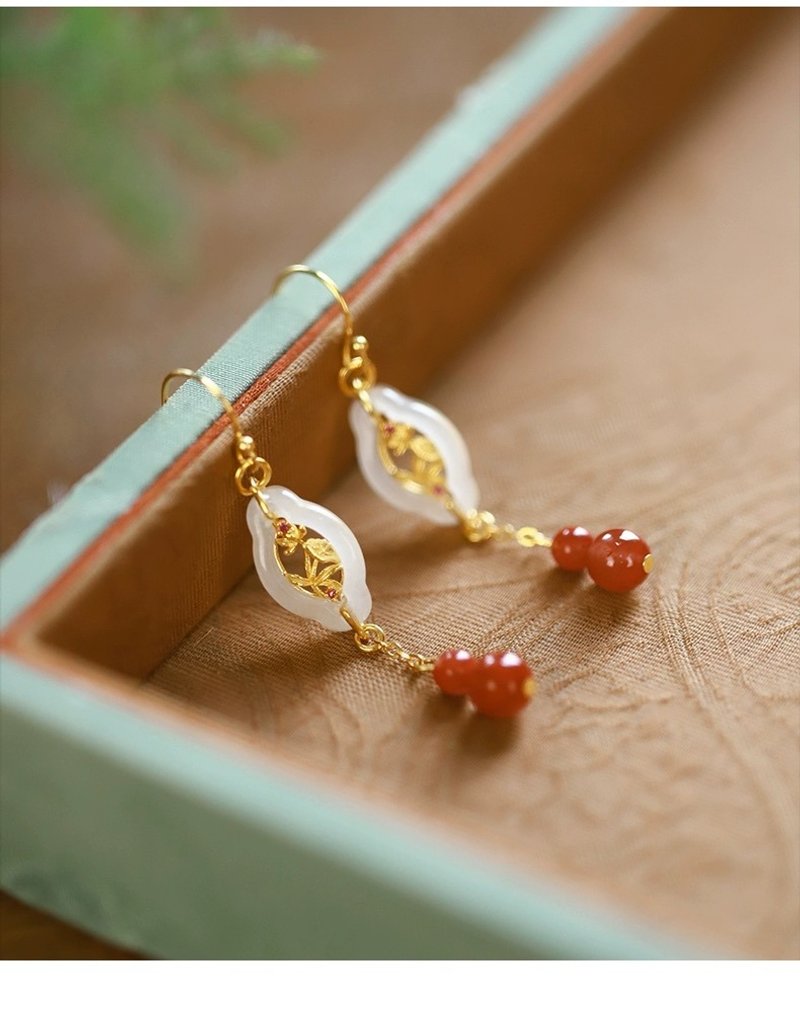 Natural Hetian jade white jade flower window south red design ear hook earrings - Bracelets - Jade White