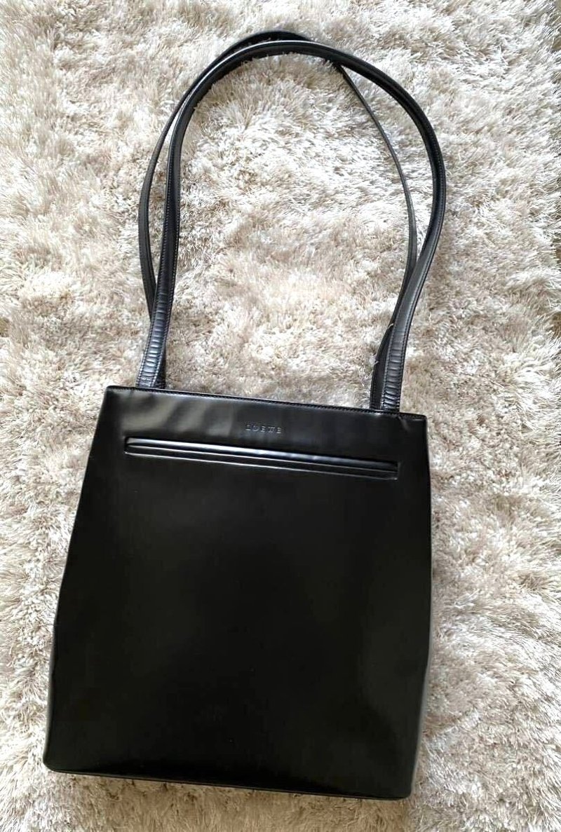 絕版中古 Loewe黑色壓紋托特包 側背包 皮革包 單肩包 古董二手包 - 側背包/斜背包 - 真皮 黑色