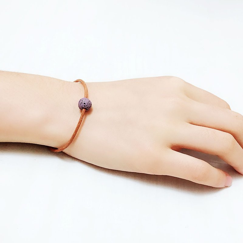Purple Lava Bead Diffuser Thin Brown Natural Leather Bracelet with Extend Chain - สร้อยข้อมือ - หนังแท้ สีม่วง