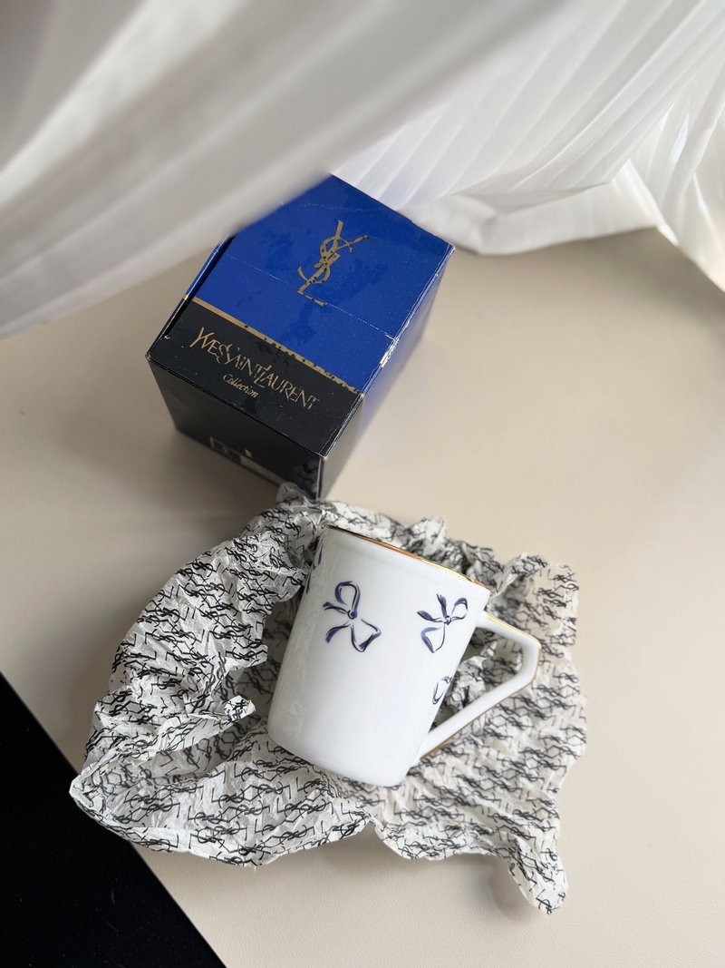 古董餐具 YSL 日本製 骨瓷馬克杯 水杯 咖啡杯 蝴蝶結 送禮 - 咖啡杯/馬克杯 - 瓷 白色