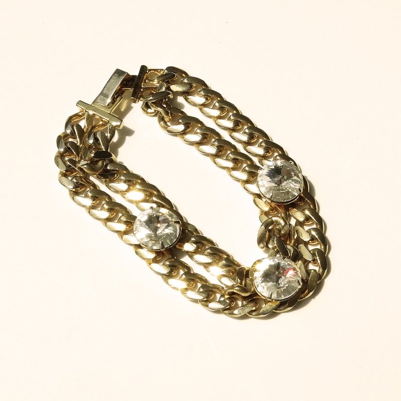 80s Vintage gold tone chain × Rhinestone bracelet - 手鍊/手環 - 其他金屬 金色