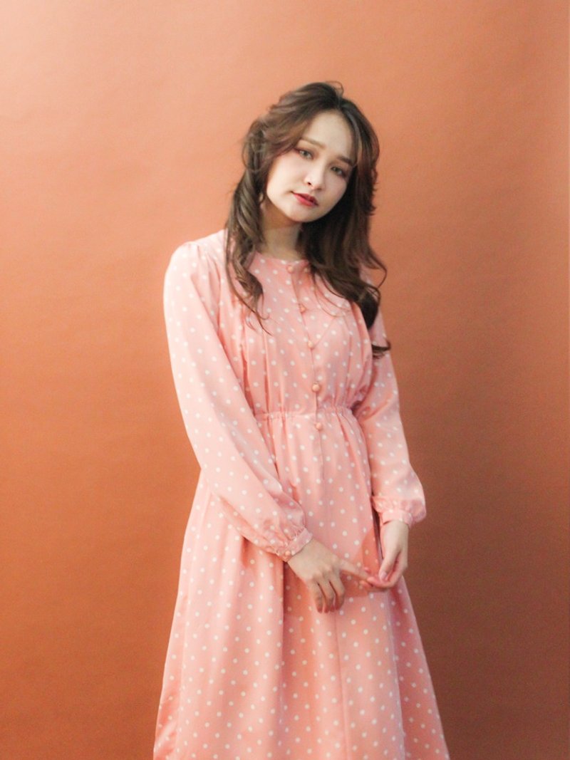 Vintage autumn and winter made in Japan sweet romantic dot pink long sleeve vintage dress - ชุดเดรส - เส้นใยสังเคราะห์ สึชมพู