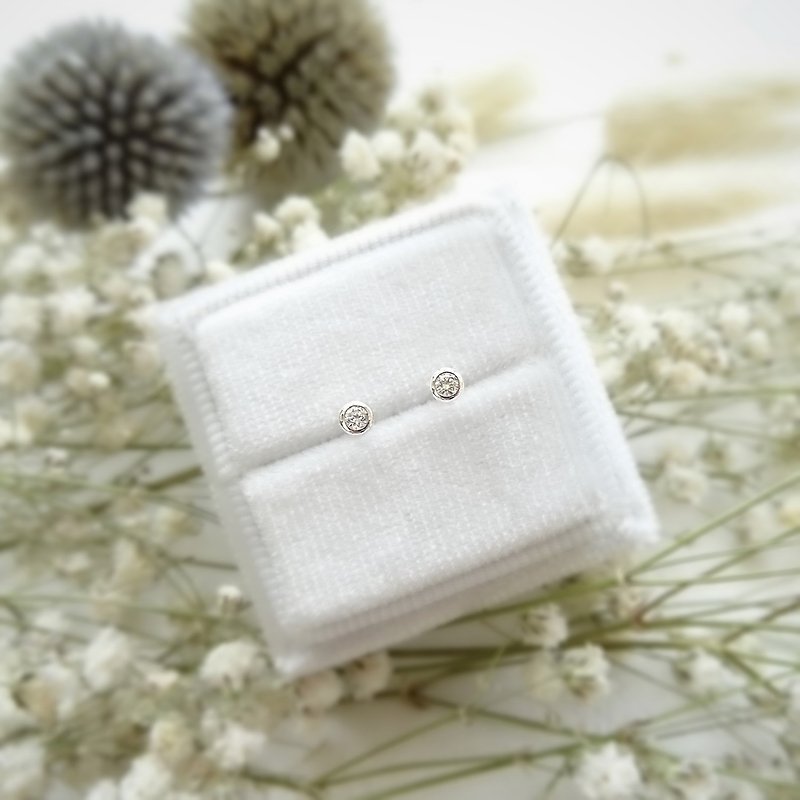 Natural Petite Diamond Round Bezel Set 18K White Solid Gold Stud Earrings - Earrings & Clip-ons - Diamond Silver