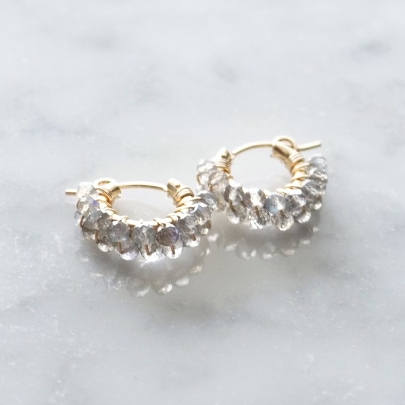 14kgf Labradorite wrapped hoop pierced earrings / clip on earrings - ピアス・イヤリング - 宝石 グレー