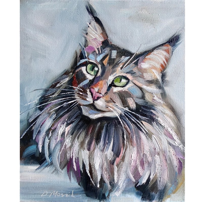 Maine Coon Cat Painting Animal Original Art Pet Artwork Oil On Canvas - 海報/掛畫/掛布 - 顏料 多色