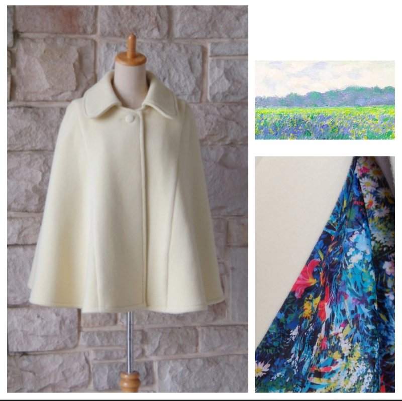 [Elegant Cape Coat] Soft and fluffy yellow wool cashmere with a striking lining. When you look at the cape, you will see a field of yellow irises. - เสื้อสูท/เสื้อคลุมยาว - ขนแกะ สีเหลือง