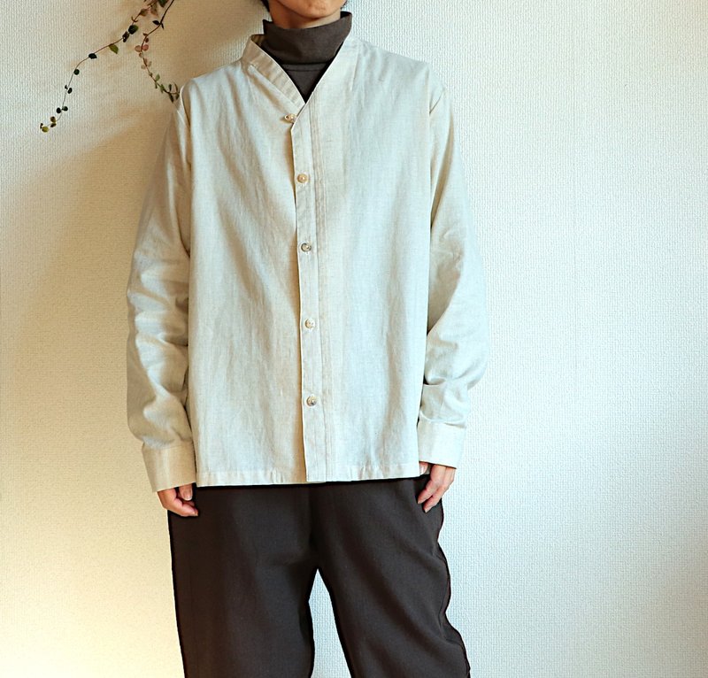 アシンメトリーカラータックシャツ/生成り/麻混綿/長袖/unisex M - 帽T/大學T - 棉．麻 白色