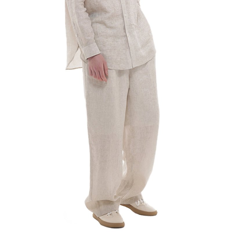 アスタロト ピュア リネン パンツ メンズ ルーズ ストレート 伸縮性 巾着 細いスタイル 柔らかく通気性のあるウォッシュド フライド カラー テクスチャー - パンツ メンズ - フラックス 