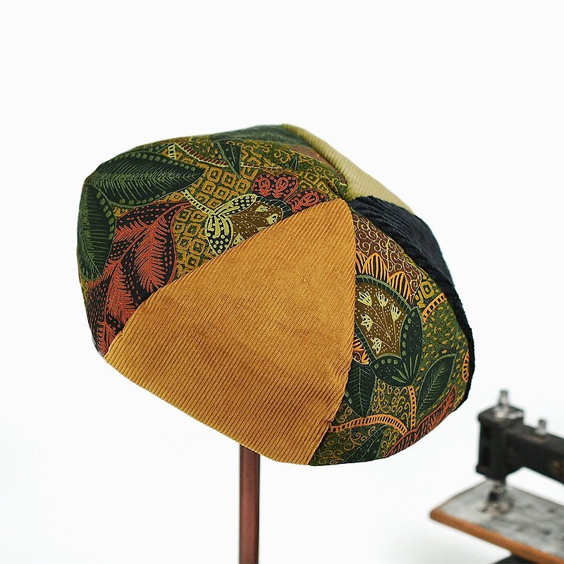 小牛村 手工貝雷帽 貝蕾帽 復古植物 燈芯絨【金箔叢林】B-07 - 帽子 - 棉．麻 咖啡色