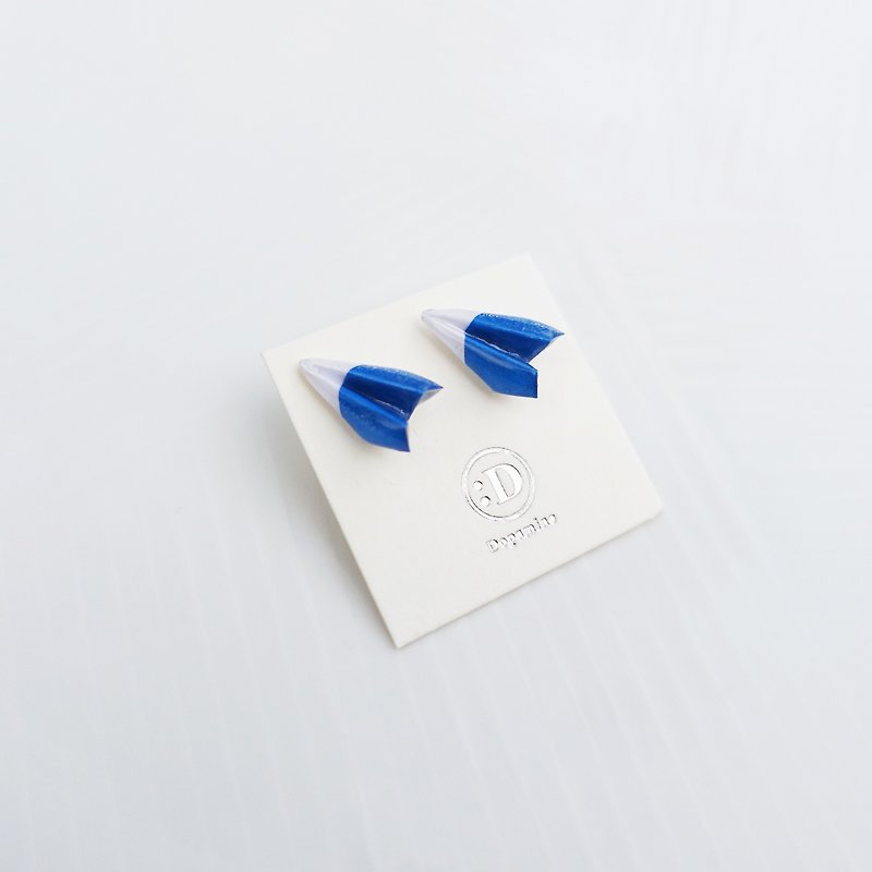 Origami Paper Aeroplane Stud Earrings - ต่างหู - กระดาษ สีน้ำเงิน