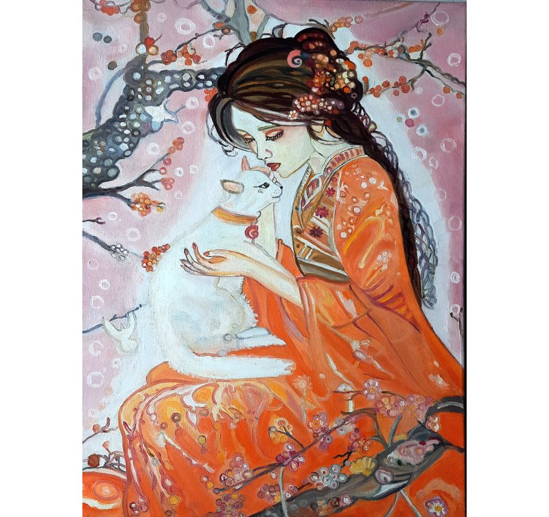 原創畫 Girl with Cat Painting  Art  Original Art  Oil Painting  Oil On Canvas - Wall Décor - Other Materials Orange