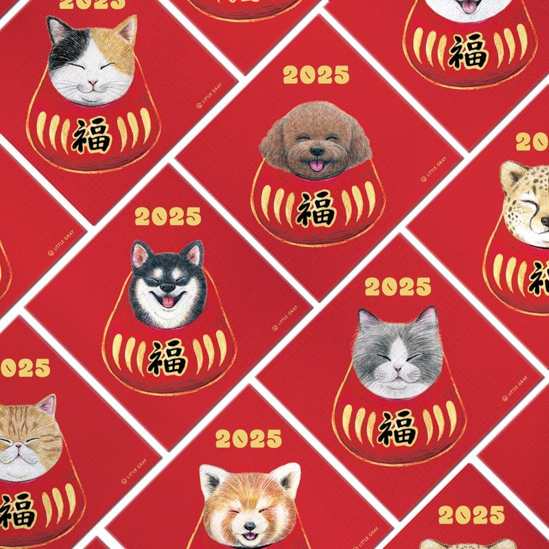 【多款可選】2025達摩不倒翁造型_動物春聯2入/紅包春聯/方斗 - 紅包袋/春聯 - 紙 紅色