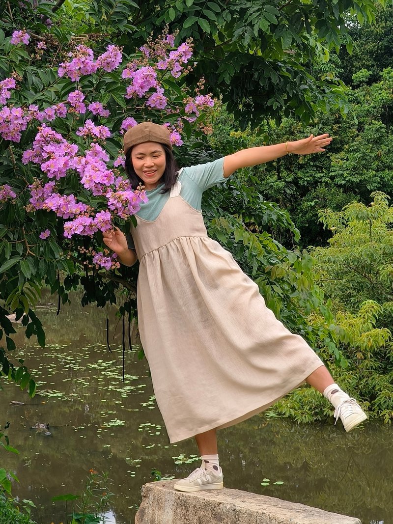 Beige and Black Linen loose dress - 洋裝/連身裙 - 棉．麻 多色