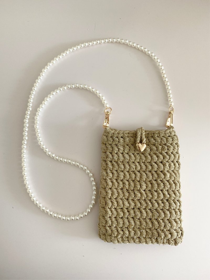 Crochet lurex mesh yarn crossbody mobile pouch with imitations pearls strap - Messenger Bags & Sling Bags - Other Materials Gold