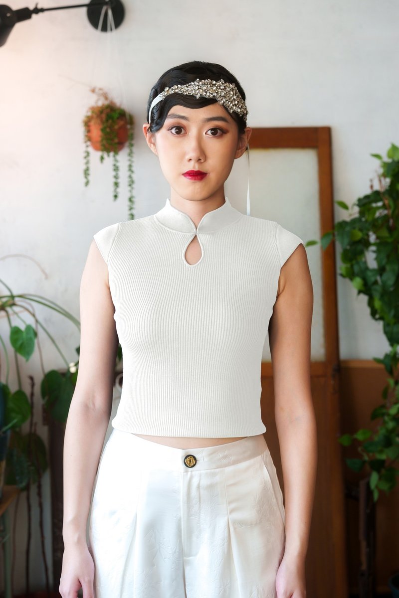 Cap Sleeve Knitted Keyhole Qipao Top (White) - Women's Tops - Other Materials White