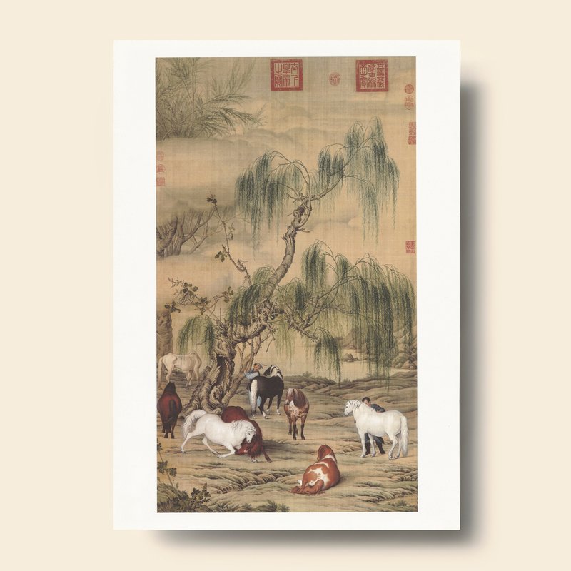 Print Card: Eight Steeds, Giuseppe Castiglione, Qing Dynasty - โปสเตอร์ - กระดาษ สีกากี