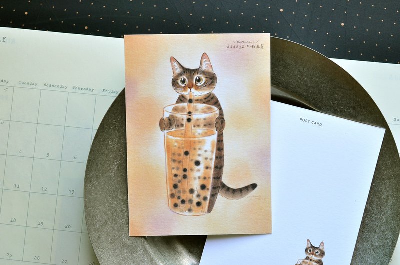 Cat Illustration Postcard-Tabby Pearl Milk Tea - การ์ด/โปสการ์ด - กระดาษ สีนำ้ตาล