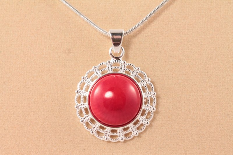 Red Coral Necklace Silver Filigree Round Red Stone Pendant Necklace Jewelry - 項鍊 - 其他材質 紅色
