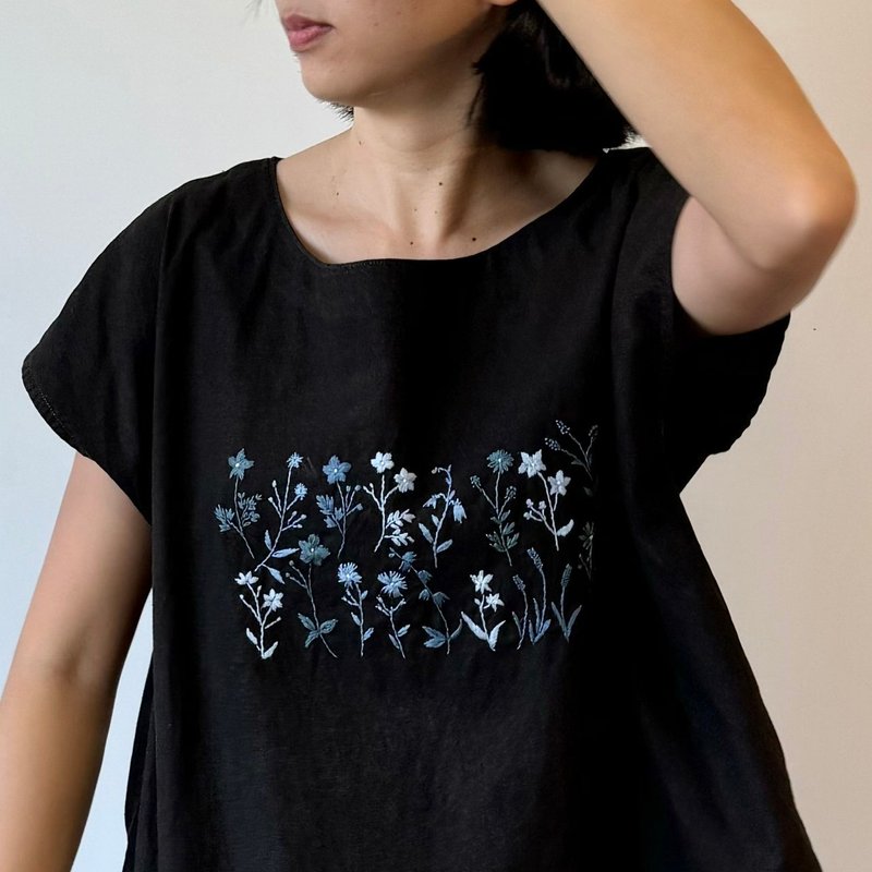 Linen shirt dyed ebony brown. Blue flower embroidery. - Women's Tops - Cotton & Hemp Brown