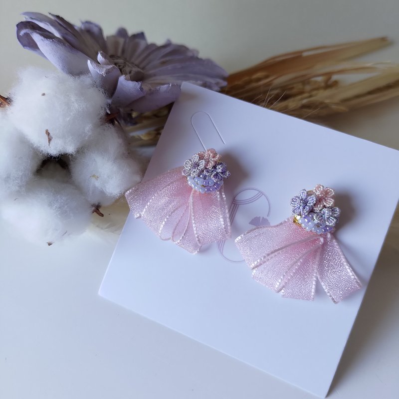 Blossom Series Braided Earrings/Fairy Veil Skirt/Dual-purpose Style - ต่างหู - ไฟเบอร์อื่นๆ 