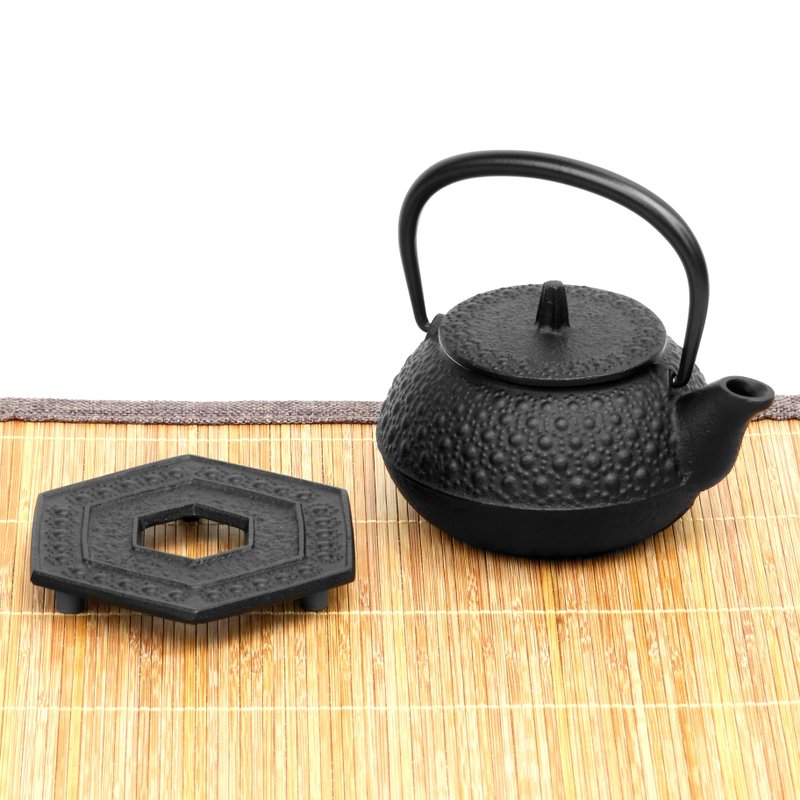 岩鑄 南部鐵器 禮盒 鐵瓶 鐵壺兩用茶壺 3型新龜甲 壺墊組 0.32L - 茶壺/茶杯/茶具 - 其他金屬 黑色