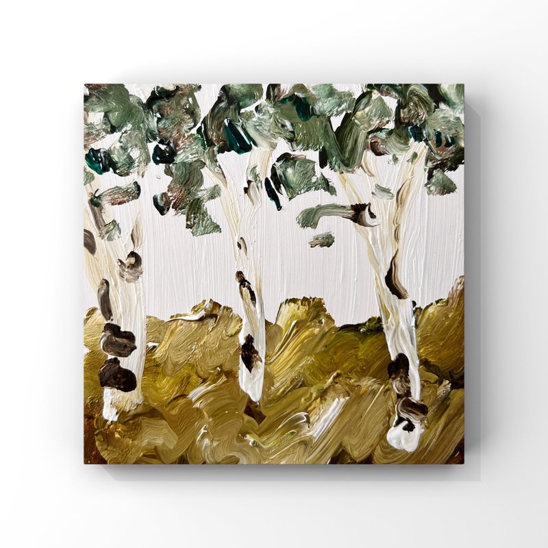 Birch trees original oil painting Small birch art Woodland decor Rustic wall art - 海報/掛畫/掛布 - 其他材質 多色