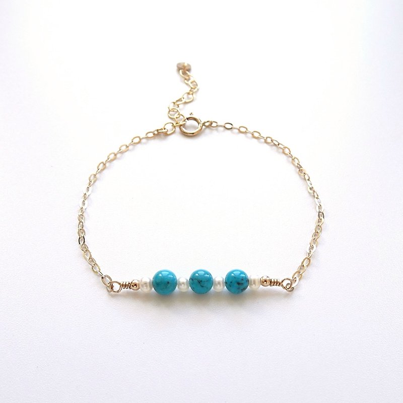 Turquoise and Freshwater Pearls Beaded Bar Adjustable 14Kgf Bracelet - Bracelets - Semi-Precious Stones Blue