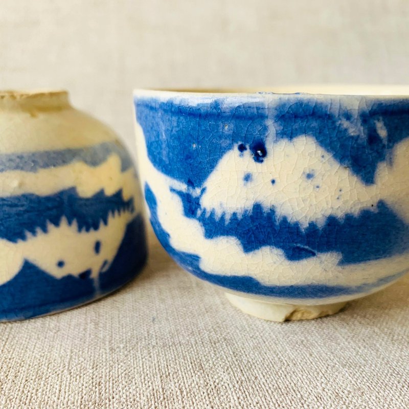日本 富士山青花瓷杯組 │日治時期 冰裂紋 開片 瓷器 收藏 老物 - 茶壺/茶杯/茶具 - 陶 藍色