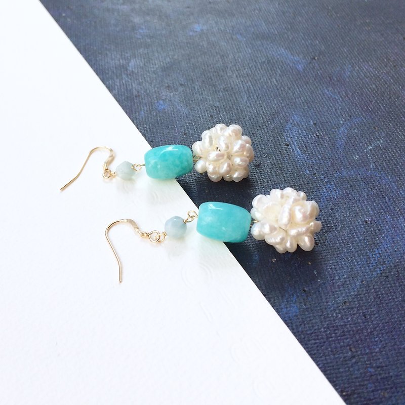 14kgf-amazonite & aquamarine pearls earrings - Earrings & Clip-ons - Gemstone Blue