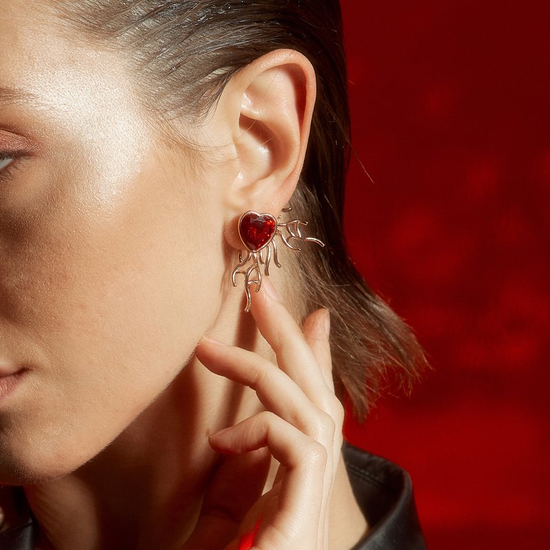 SITA / walks through Fire : Earrings Heart fire 2in1 - 耳環/耳夾/耳骨夾 - 純銀 粉紅色