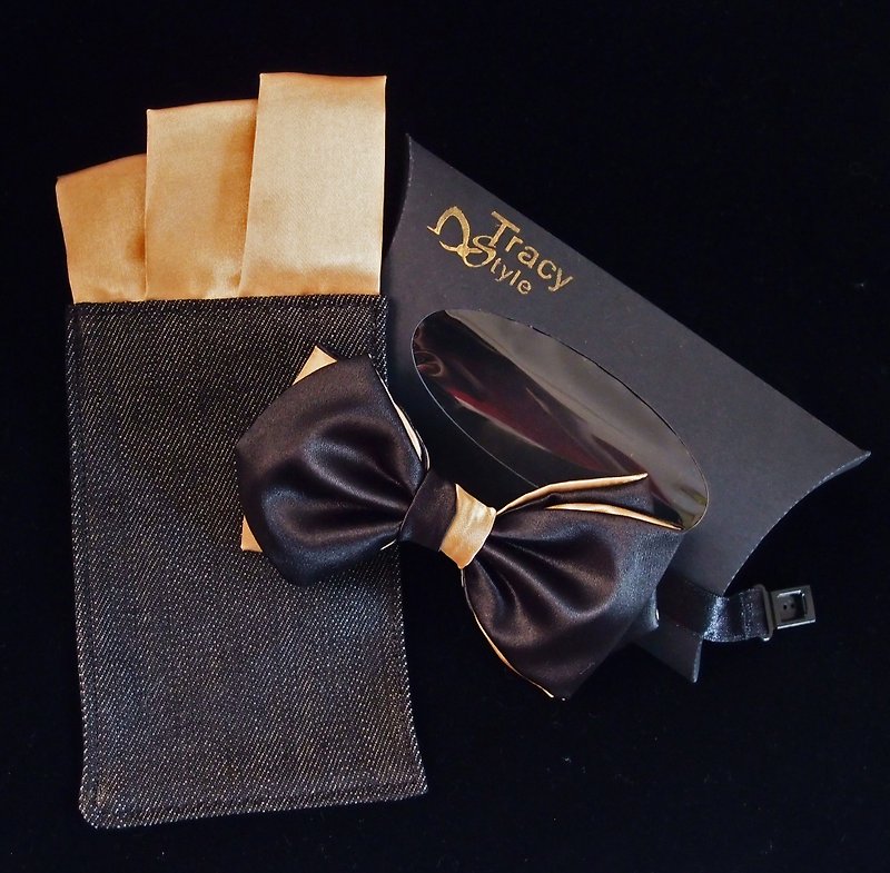 Black gold bow tie + pocket square pocket square special offer - หูกระต่าย/ผ้าพันคอผู้ชาย - ไฟเบอร์อื่นๆ สีทอง