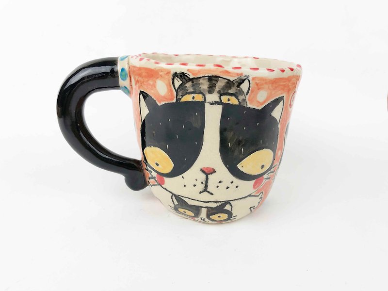 Nice Little Clay handmade mug black round dog Jenga cat 0103-28 - แก้วมัค/แก้วกาแฟ - ดินเผา สีนำ้ตาล