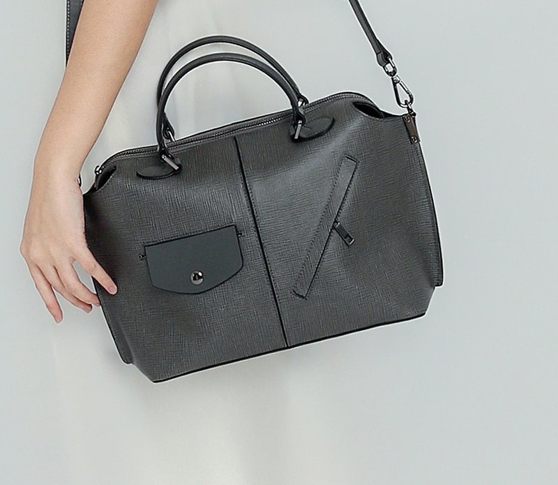 Geometric retro portable shoulder leather dual-use bag dark gray - กระเป๋าแมสเซนเจอร์ - หนังแท้ สีเทา