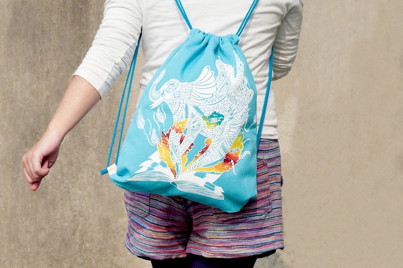 Summer hand feel ethnic style backpack / shoulder bag / light bag / beam bag-Indian elephant (water blue) - กระเป๋าหูรูด - ผ้าฝ้าย/ผ้าลินิน สีน้ำเงิน