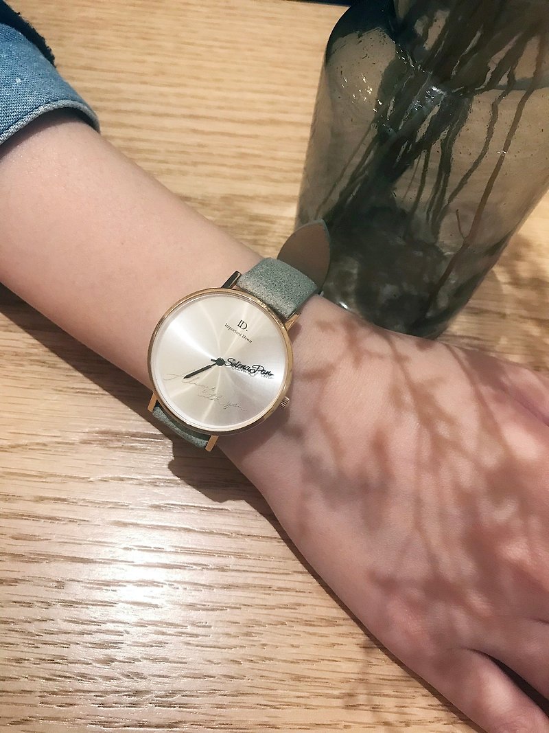 客製化姓名指針手錶-41MM太陽紋淺綠灰大錶款 - 對錶/情侶錶 - 真皮 綠色