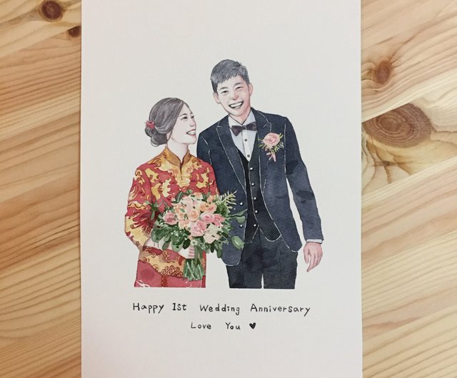 セレンディピティ結婚記念日イラスト手描きのヤンのようなカスタムの水彩画の肖像画 ショップ Serendipity 似顔絵 Pinkoi