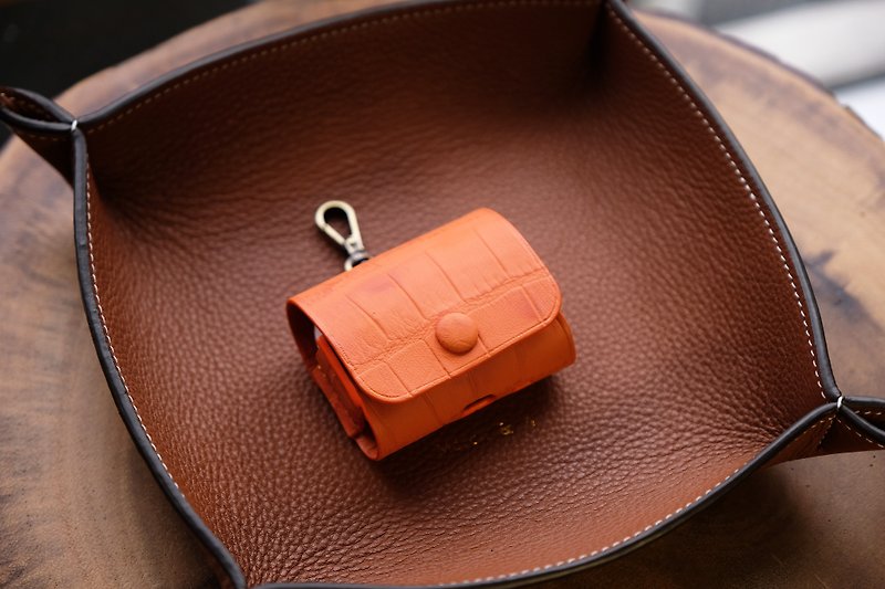 Airpods Pro / Airpods Pro 2 Leather Case - Orange Croco embossed - ヘッドホン・イヤホン - 革 オレンジ