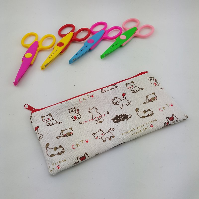 新品5折（限量前２件）　客製 筆袋　化裝袋　收納袋 可愛卡通小貓咪  雙層拉鏈小布袋 - 化妝包/收納袋 - 棉．麻 白色