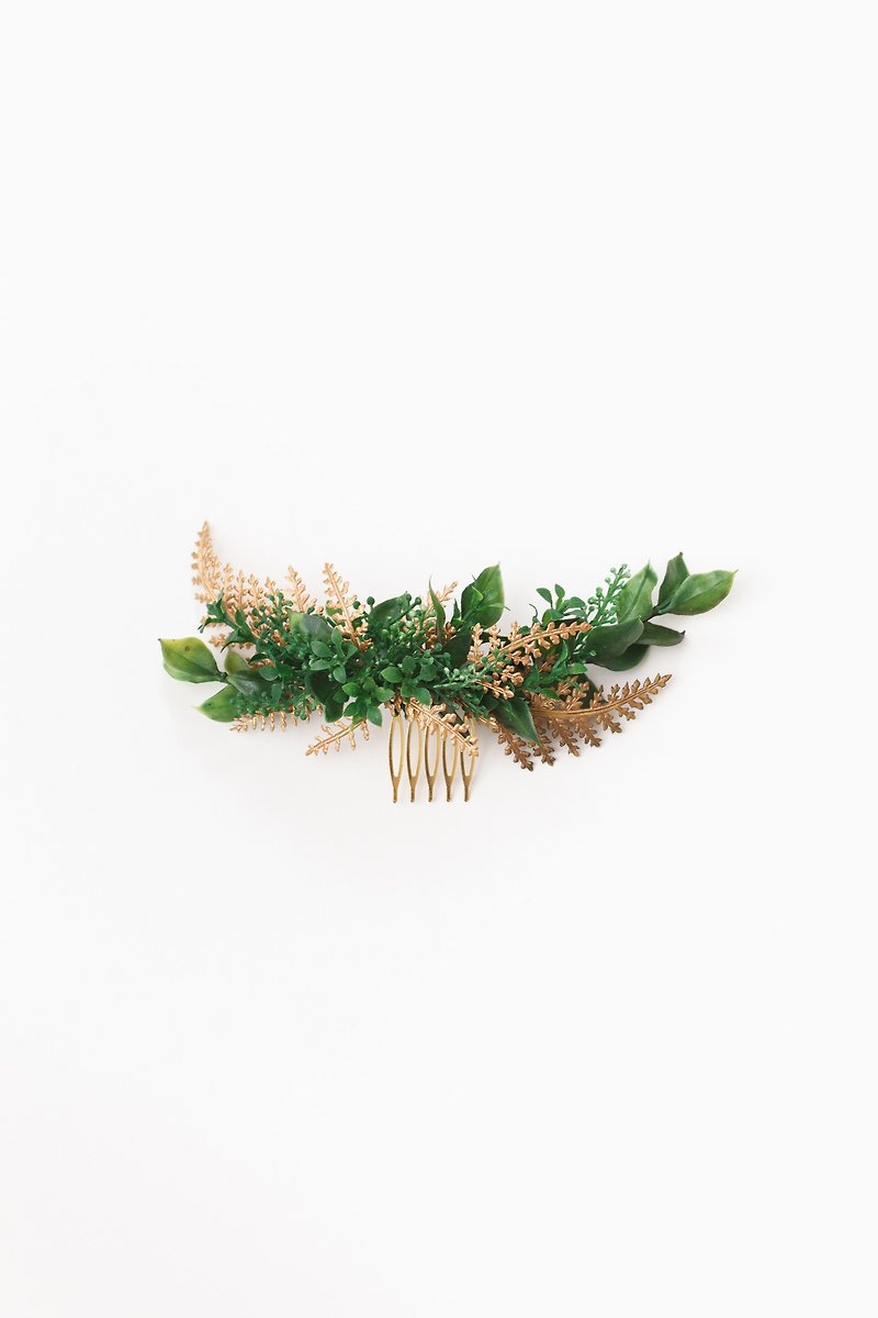 植物．花 髮飾 綠色 - Emerald leaf and gold fern floral comb for bride with greenery hair pin