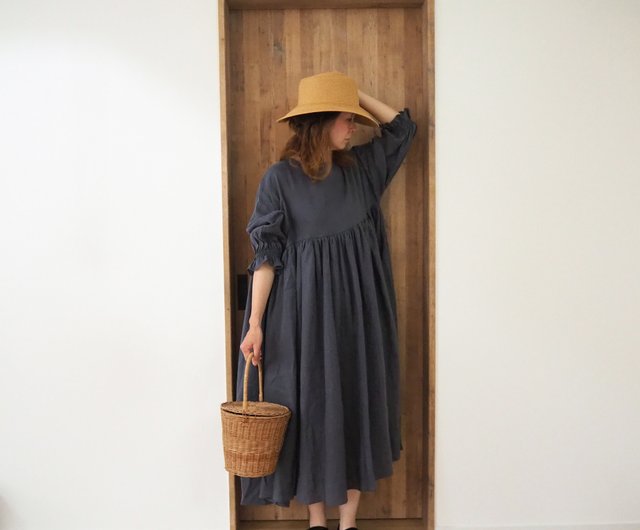 French linen canvas gather one-piece MID GRAY - ショップ pongee ワンピース - Pinkoi