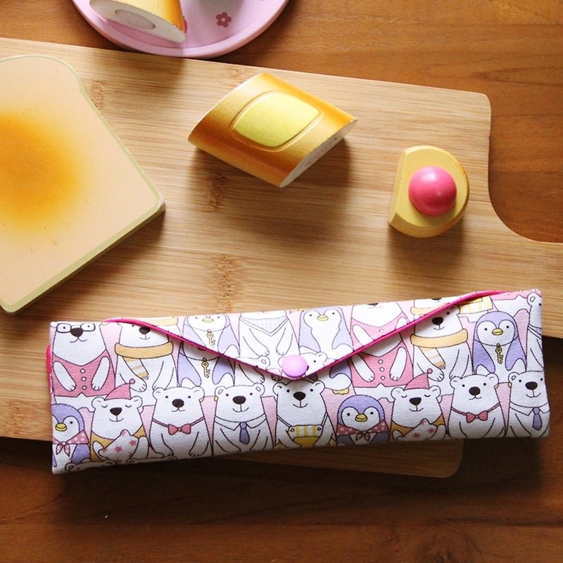 Wen Qing style chopsticks bags Meng Meng da academy, pouch bags hand-made cotton Linen cloth picnic tableware storage - Storage - Cotton & Hemp Pink