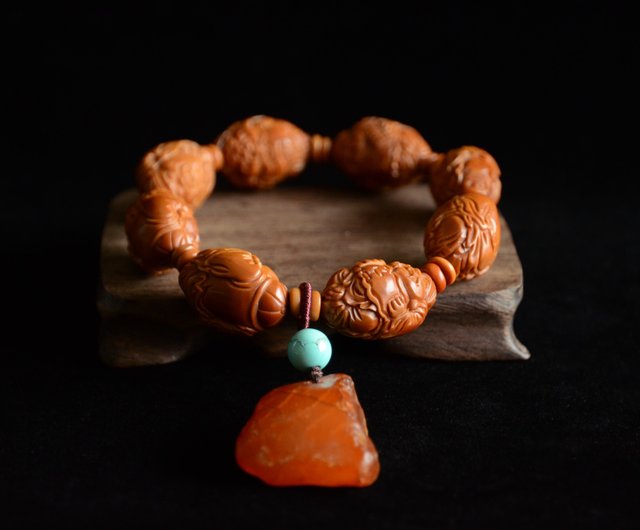 Detailed Carved Natural Olive Pit Skull Beads Bracelet - 3JADE